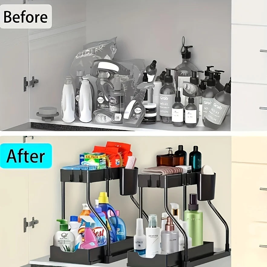 Space Saving 2 Tier Under Sink Organizer, Pull Out Storage Box, Durable Large Capacity Kitchen Bathroom Essential Drawer Organizer