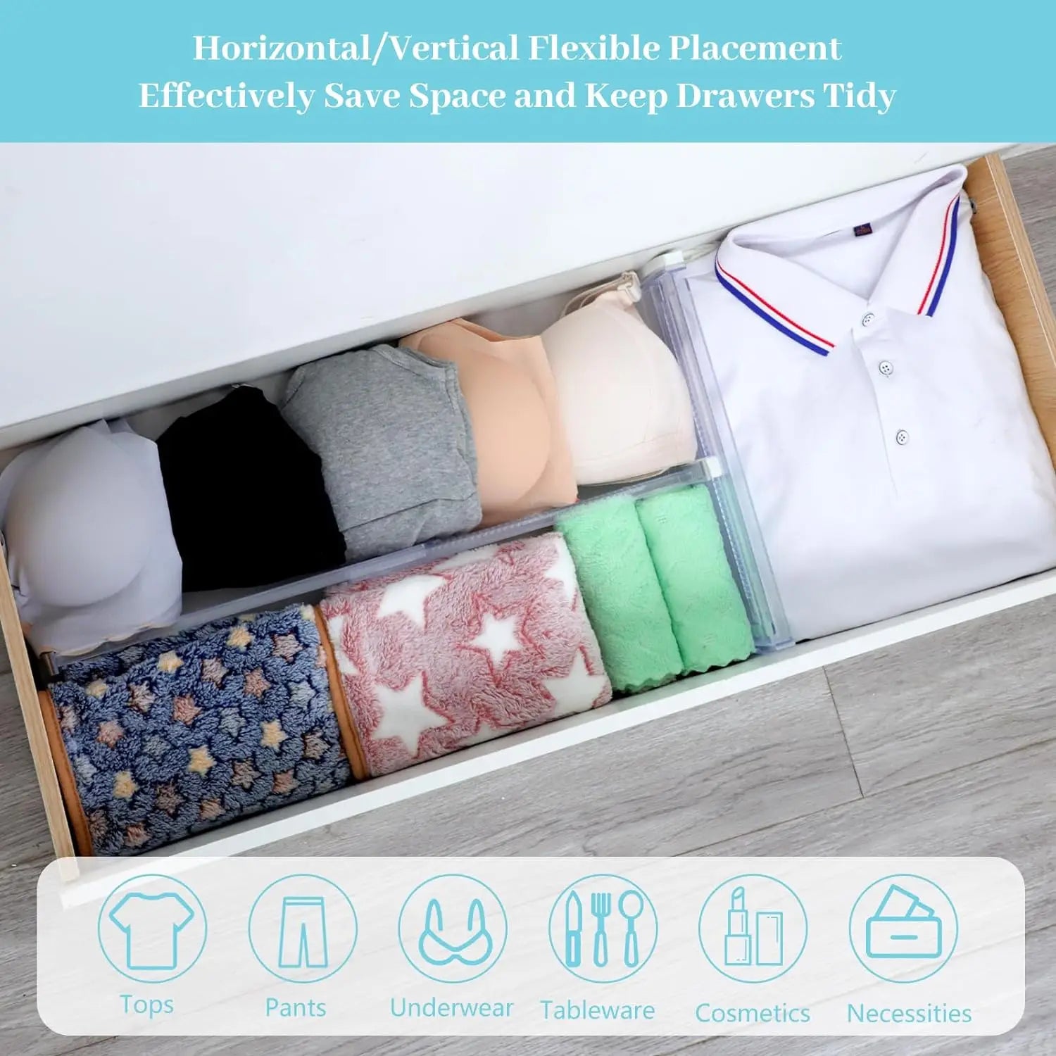 Drawer Dividers, 6-Pack Adjustable Drawer Organizer, Clear Expandable Dresser Organizer for Clothes, Kitchen Utensils, Tableware, Drawers