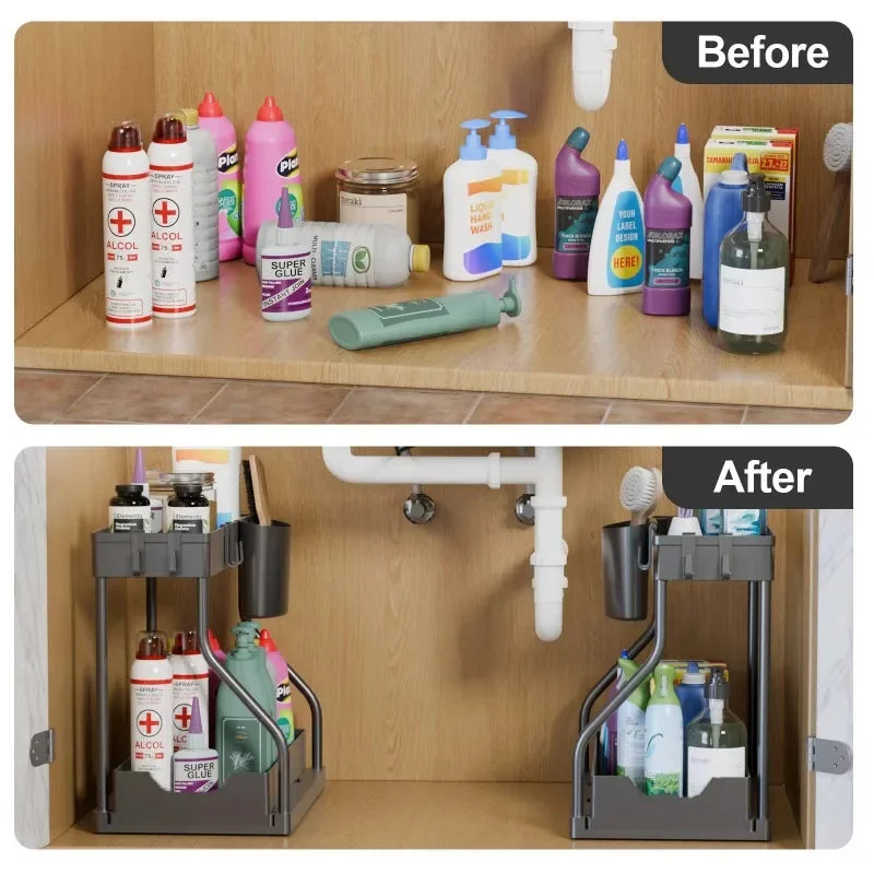 Organizer shelf salvaspazio a 2 livelli estraibile, resistente, a grande capacità, per articoli essenziali da cucina e bagno