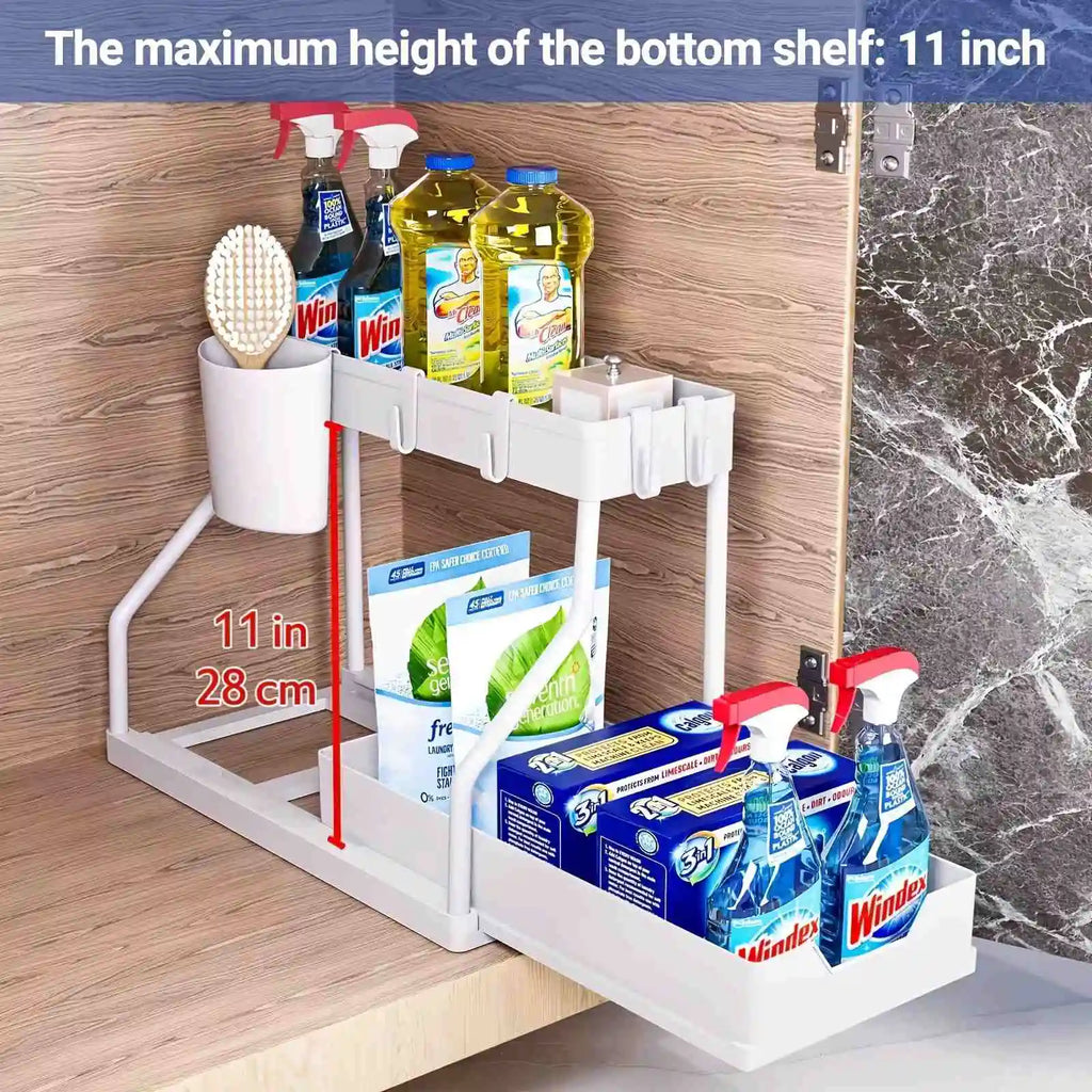 Space Saving 2 Tier Under Sink Organizer, Pull Out Storage Box, Durable Large Capacity Kitchen Bathroom Essential Drawer Organizer