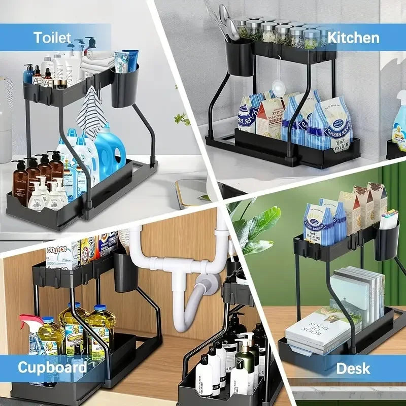 Organizer shelf salvaspazio a 2 livelli estraibile, resistente, a grande capacità, per articoli essenziali da cucina e bagno