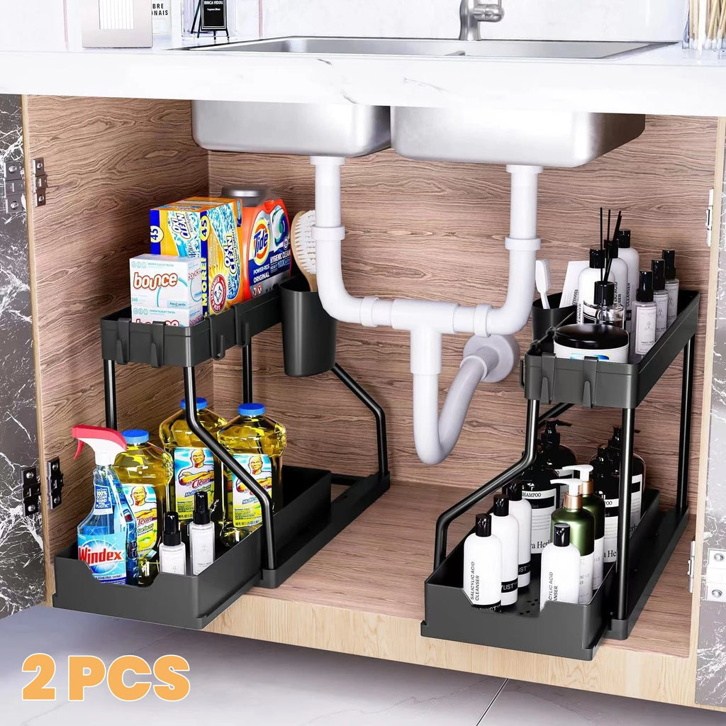 Organizer shelf salvaspazio a 2 livelli estraibile, resistente, a grande capacità, per articoli essenziali da cucina e bagno