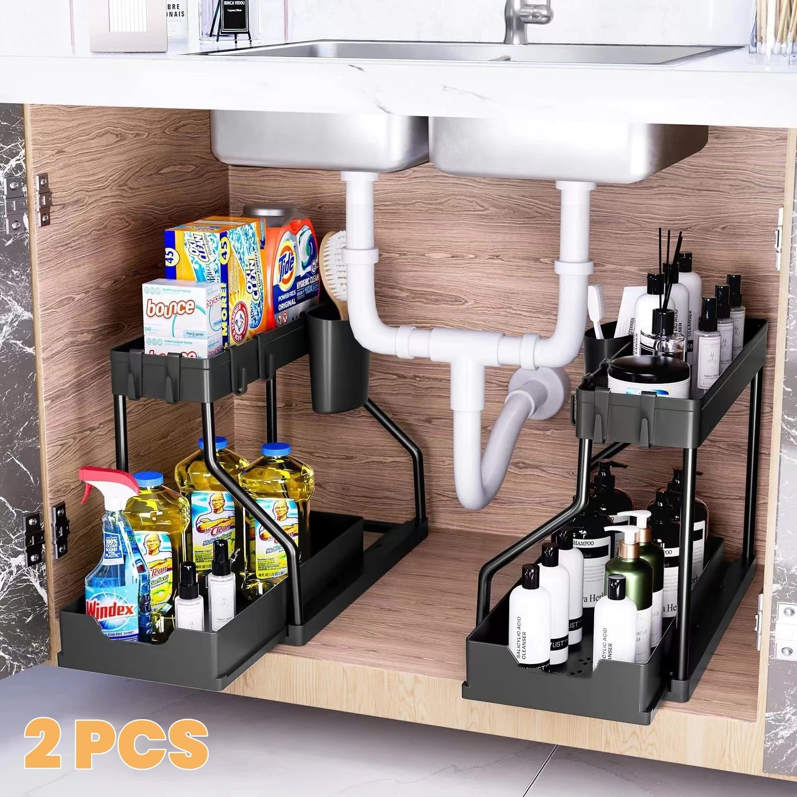 Organizer shelf salvaspazio a 2 livelli estraibile, resistente, a grande capacità, per articoli essenziali da cucina e bagno