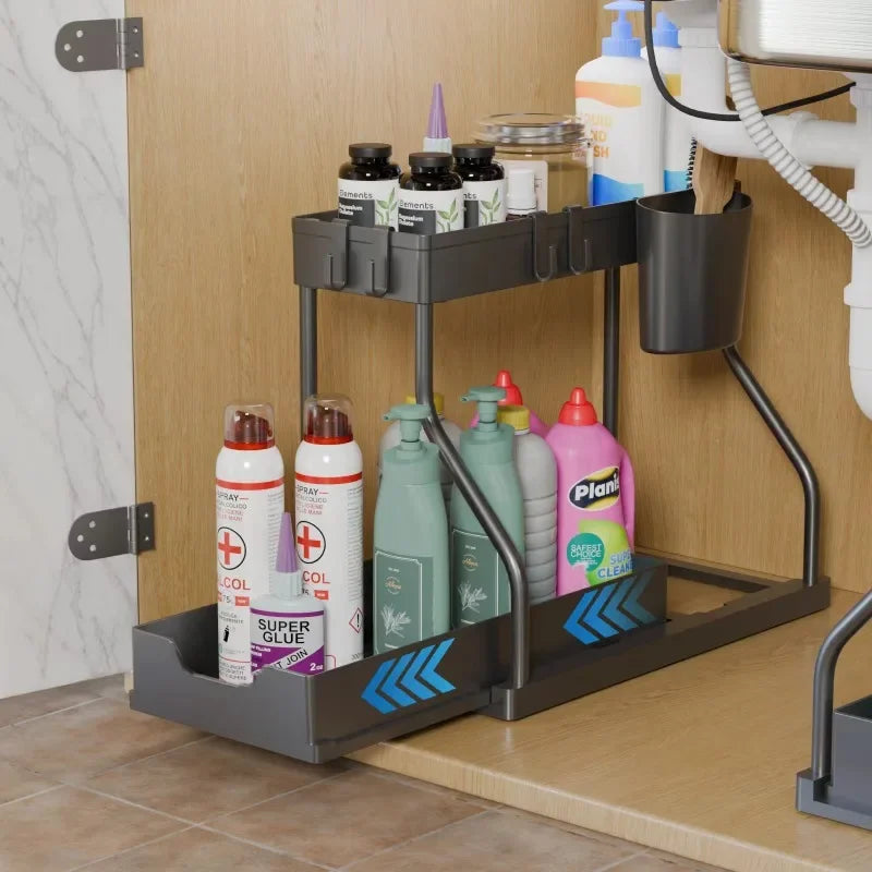 Organizer shelf salvaspazio a 2 livelli estraibile, resistente, a grande capacità, per articoli essenziali da cucina e bagno