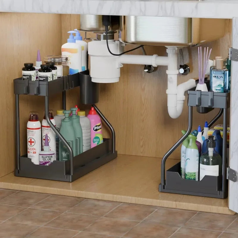 Organizer shelf salvaspazio a 2 livelli estraibile, resistente, a grande capacità, per articoli essenziali da cucina e bagno