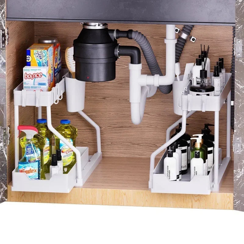 Organizer shelf salvaspazio a 2 livelli estraibile, resistente, a grande capacità, per articoli essenziali da cucina e bagno