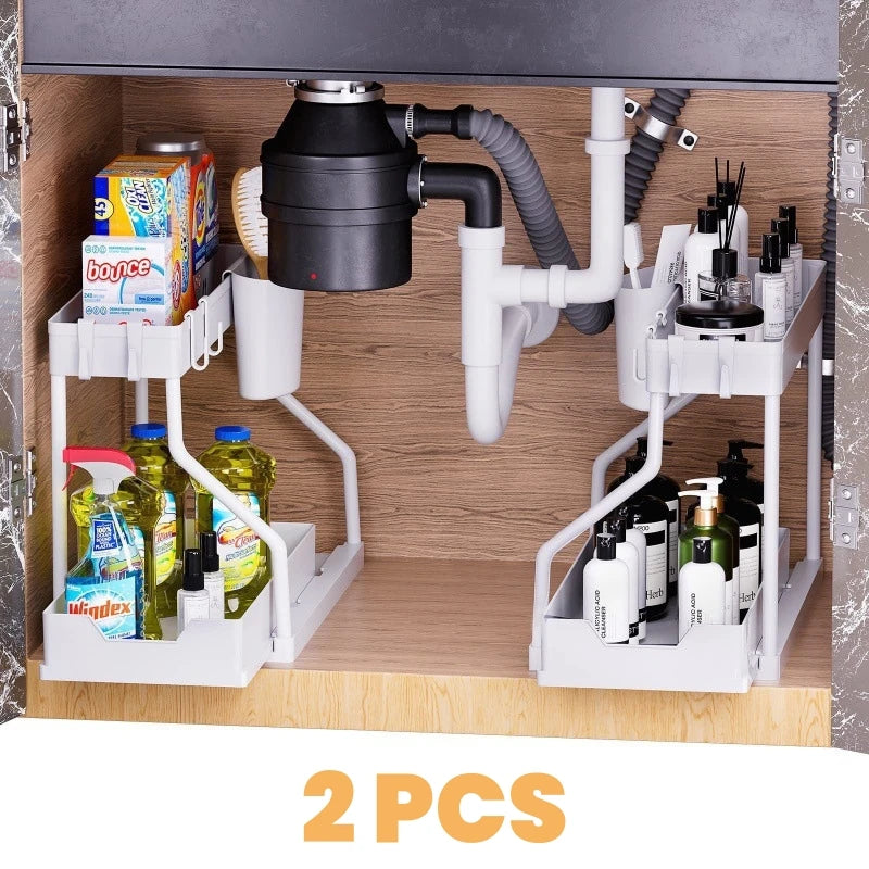 Organizer shelf salvaspazio a 2 livelli estraibile, resistente, a grande capacità, per articoli essenziali da cucina e bagno
