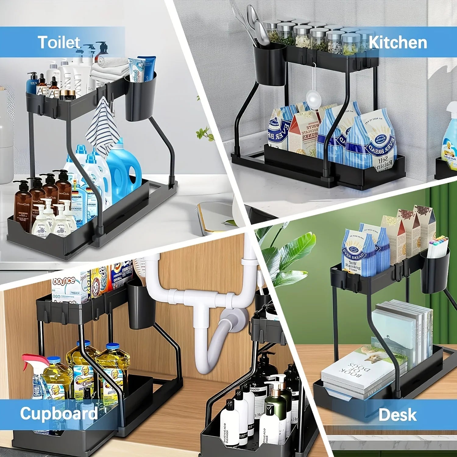 Space Saving 2 Tier Under Sink Organizer, Pull Out Storage Box, Durable Large Capacity Kitchen Bathroom Essential Drawer Organizer