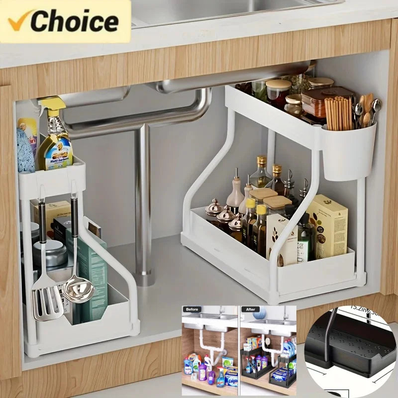 Space Saving 2 Tier Under Sink Organizer, Pull Out Storage Box, Durable Large Capacity Kitchen Bathroom Essential Drawer Organizer