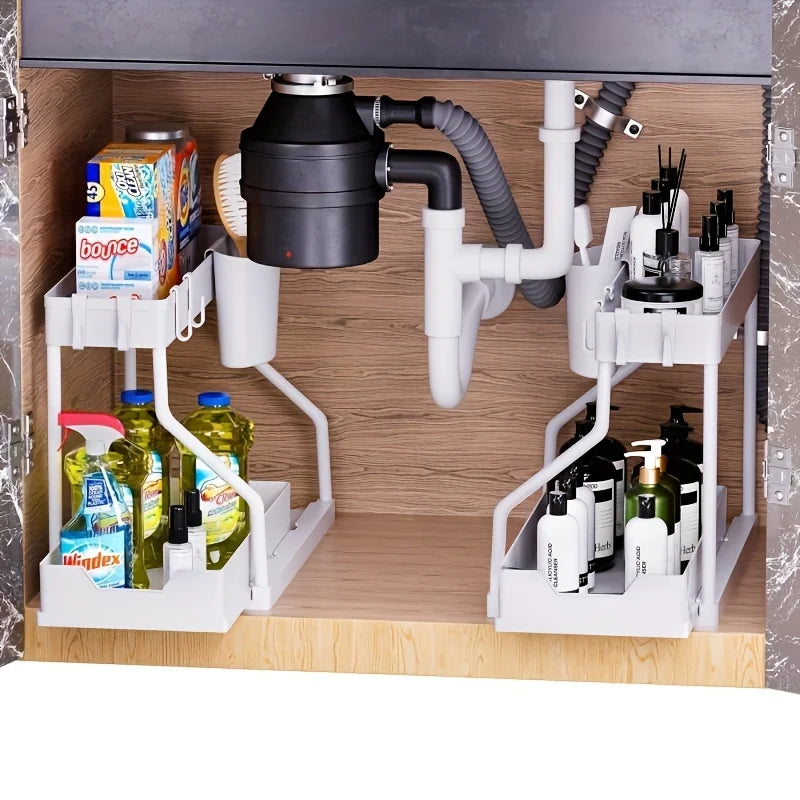 Space Saving 2 Tier Under Sink Organizer, Pull Out Storage Box, Durable Large Capacity Kitchen Bathroom Essential Drawer Organizer