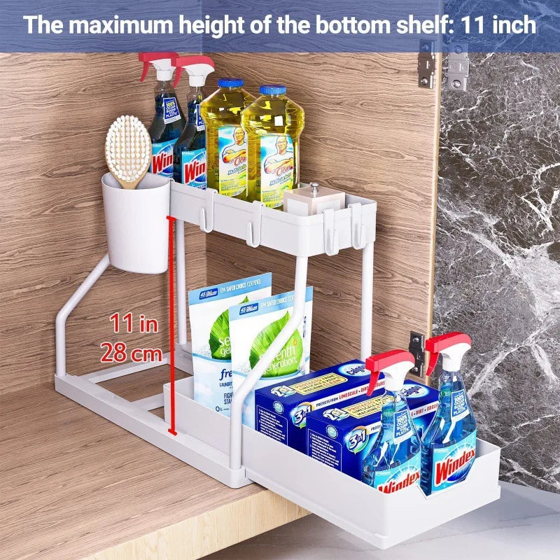 Organizer shelf salvaspazio a 2 livelli estraibile, resistente, a grande capacità, per articoli essenziali da cucina e bagno