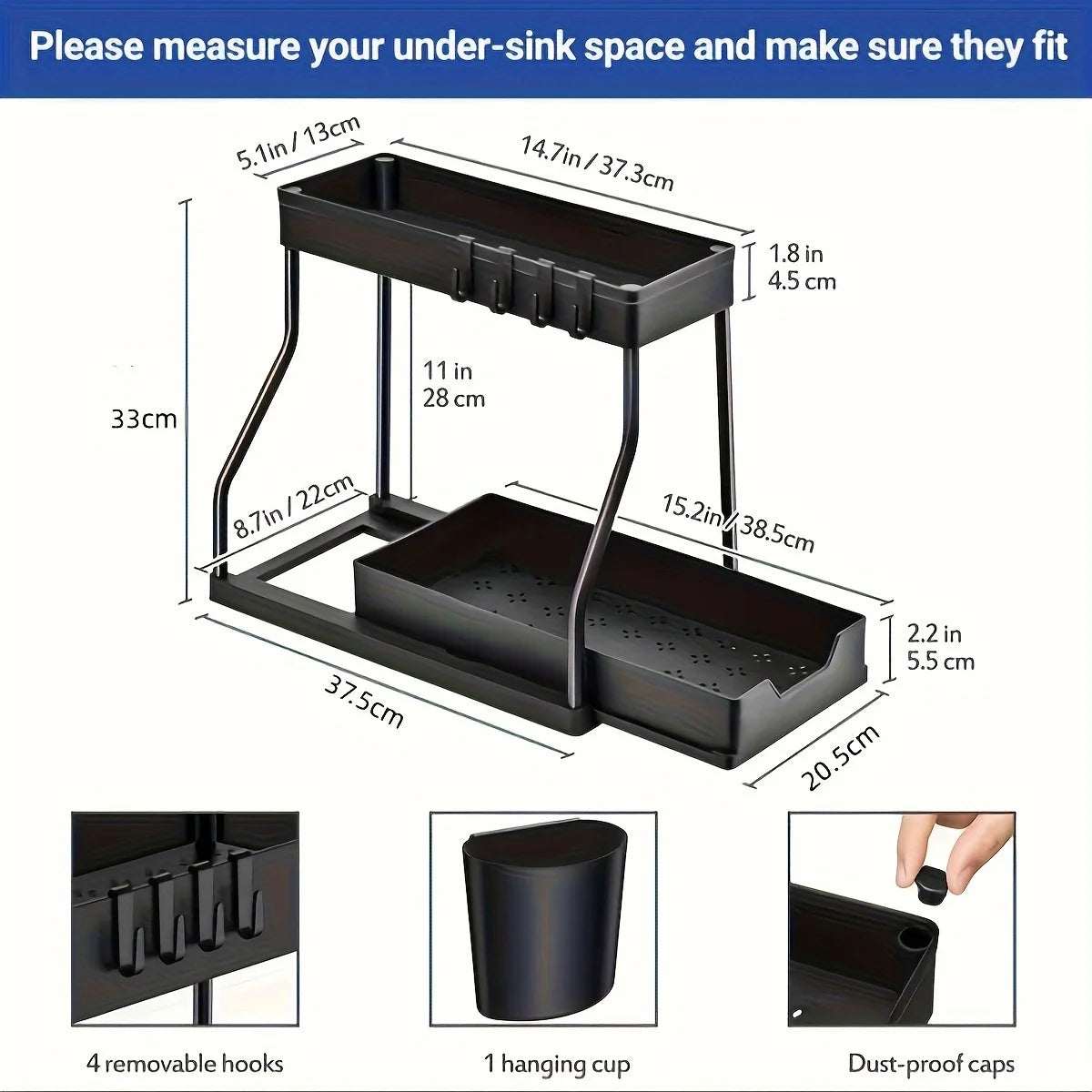 Space Saving 2 Tier Under Sink Organizer, Pull Out Storage Box, Durable Large Capacity Kitchen Bathroom Essential Drawer Organizer