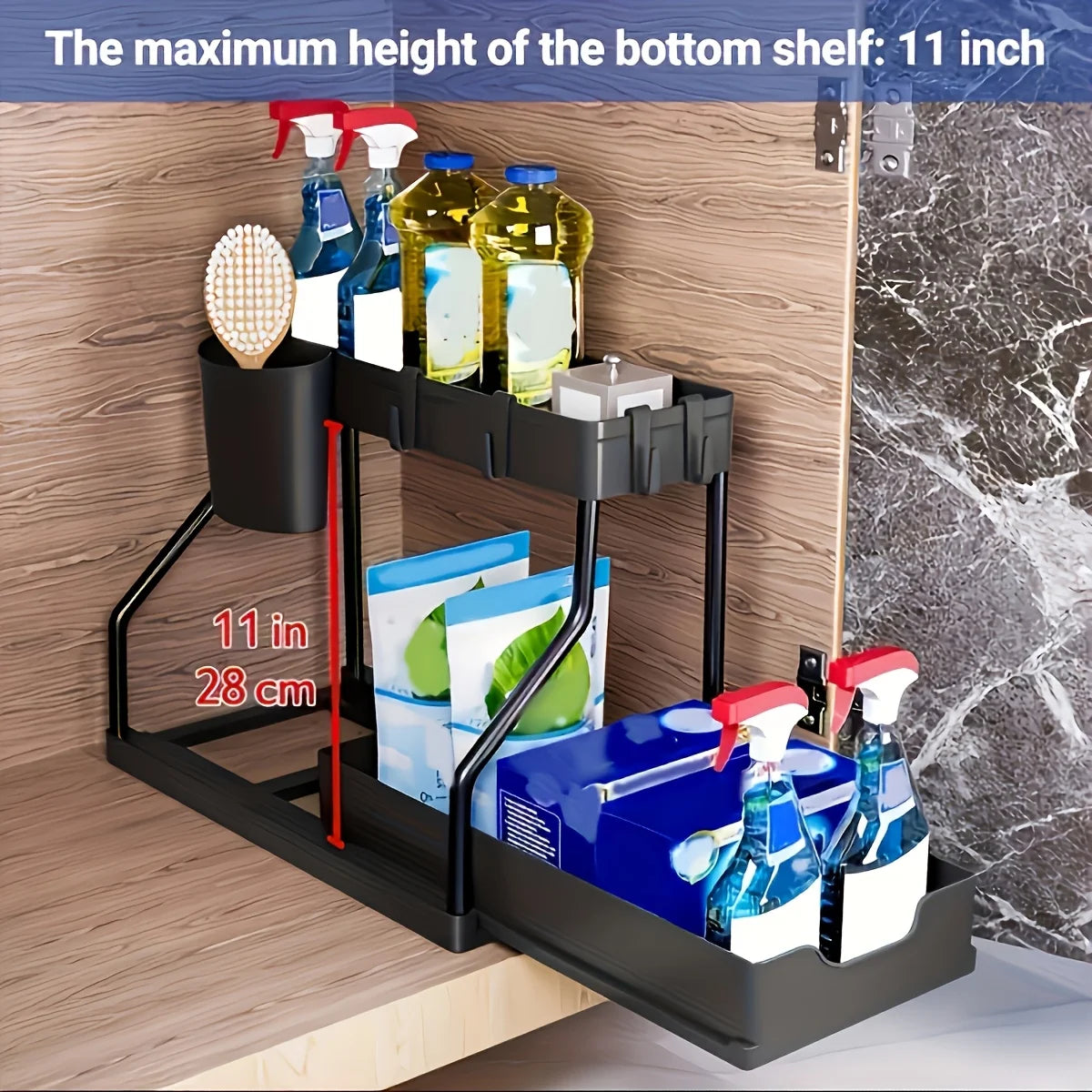 Space Saving 2 Tier Under Sink Organizer, Pull Out Storage Box, Durable Large Capacity Kitchen Bathroom Essential Drawer Organizer